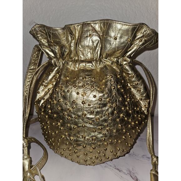 Viva Of California Gold Leather Studded Tassels Vintage Bucket Handbag 11x10x5 - Picture 5 of 14